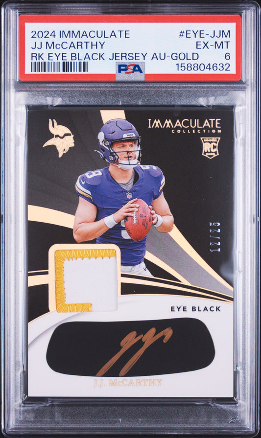 2024 Panini Immaculate JJ McCarthy Immaculate Eye Black Jersey Autographs Gold English PSA 6