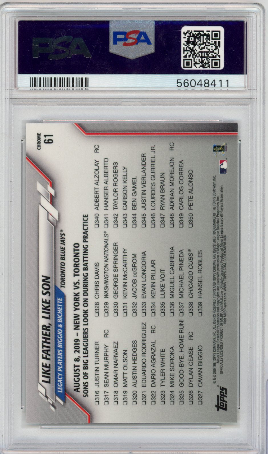 2020 Topps Chrome Sapphire Edition Bo Bichette/Cavan Biggio 61 English PSA 10