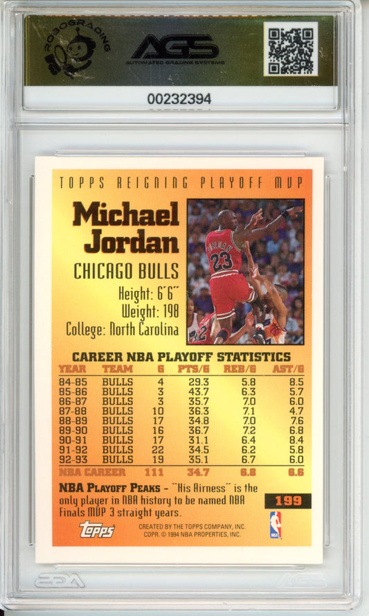 1993 TOPPS MICHAEL JORDAN #199 REIGNING PLAYOFF MVP AGS 9.5