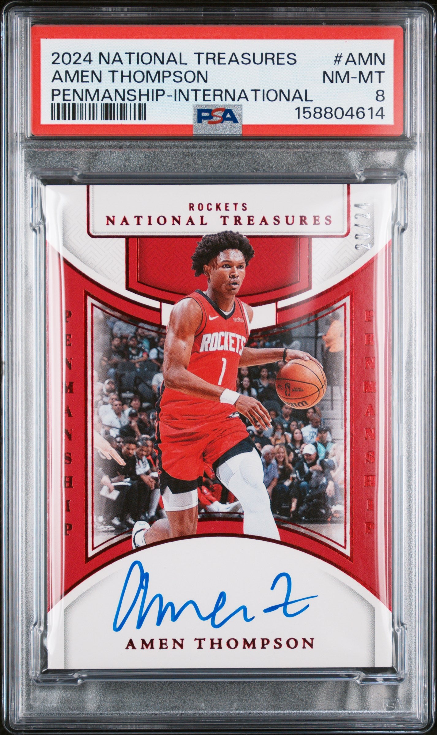 2024 unknown Panini National Treasures Penmanship Amen Thompson International AMN English PSA 8