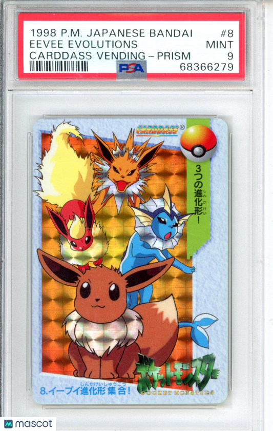 1998 Pokemon Japanese Bandai Carddass Vending Eevee Evolutions Prism #8 PSA 9