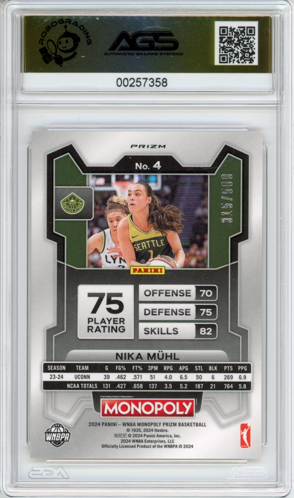 2025 Basketball 2024 PANINI WBNA MONOPOLY PRIZM NIKA MUHL #004 AGS 10