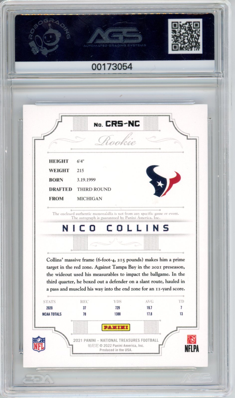 2022 National Treasures Nico Collins #CRS-NC Rookie Patch Auto Shield 1/1 AGS 5 RPA