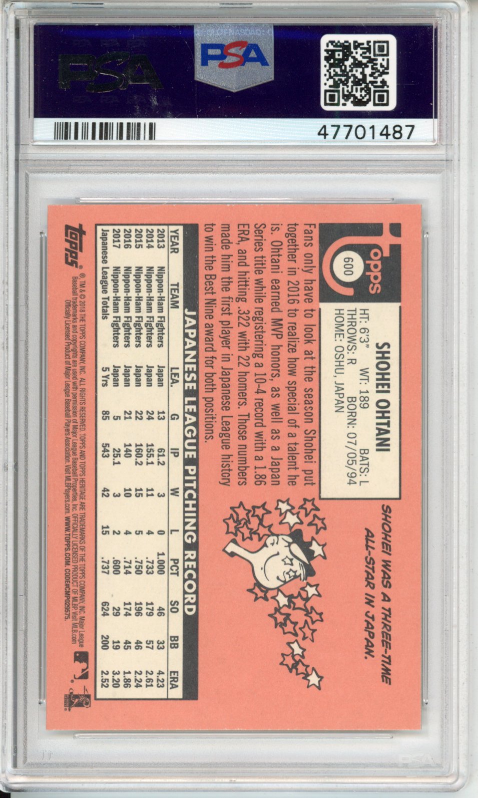 2018 Topps Heritage Shohei Ohtani #600 PSA 10