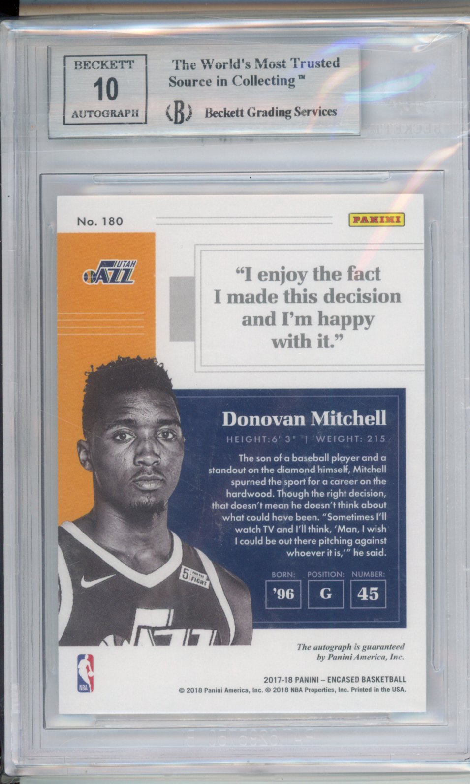 2017 Panini Encased Donovan Mitchell #180 BGS 9 Auto 10