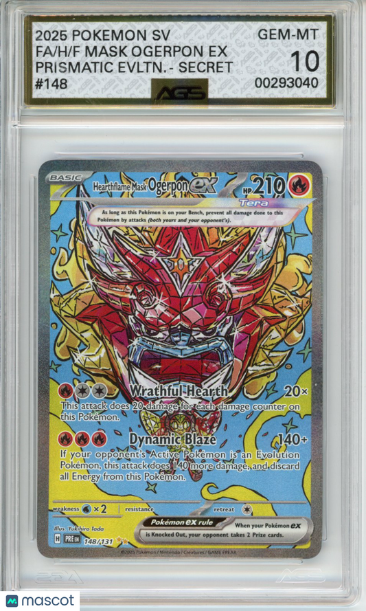 2025 Pokemon Prismatic Evolutions Hearthflame Mask Ogerpon ex #148 AGS 10