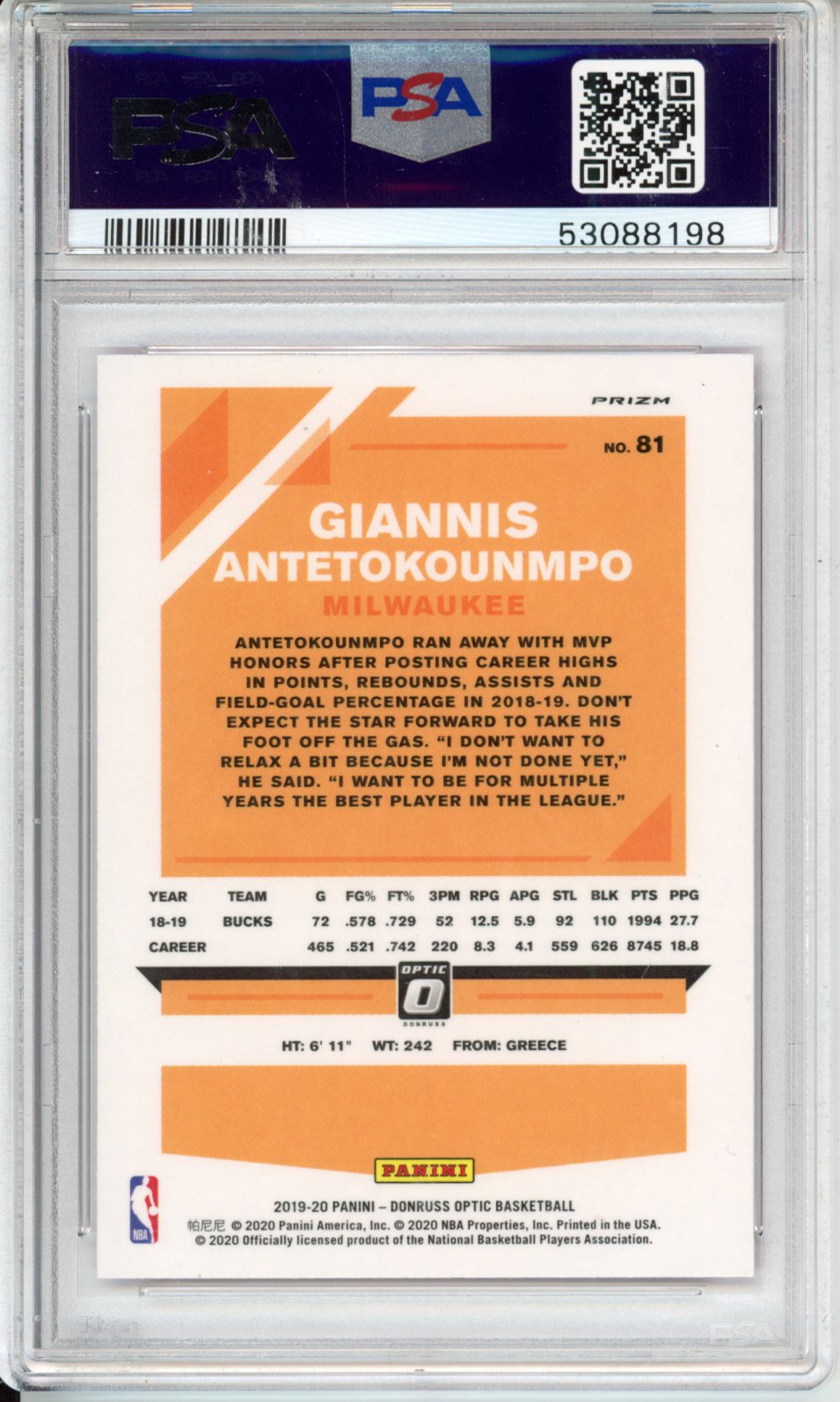 2019 Panini Donruss Optic G. Antetokounmpo #81 Hyper Pink PSA 9