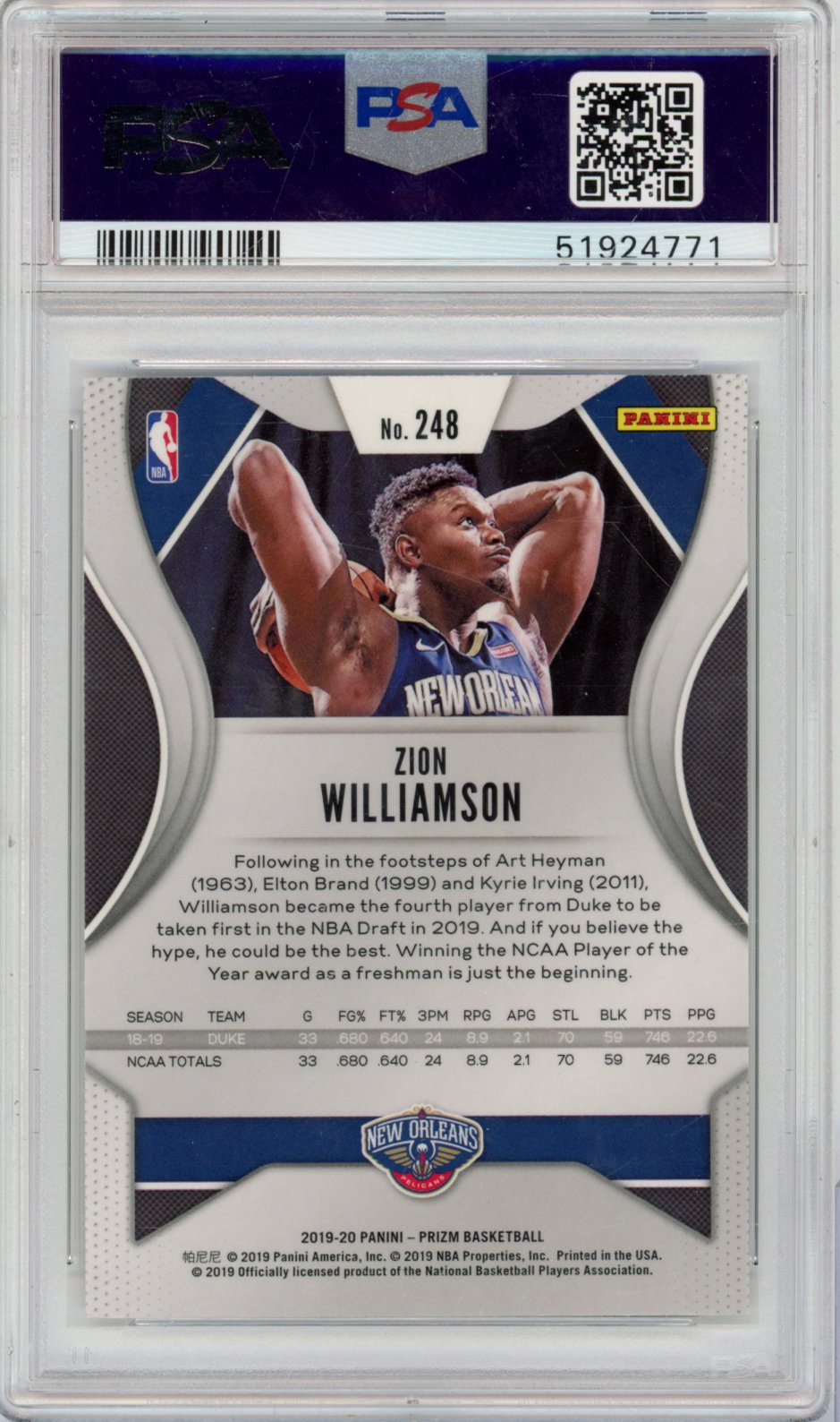 2019 Panini Prizm Basketball Zion Williamson #248 Zion Williamson Prizm English PSA 9