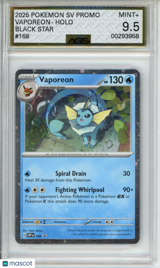Pokemon 2025 SCARLET AND VIOLET PROMOS VAPOREON #168 AGS 9.5