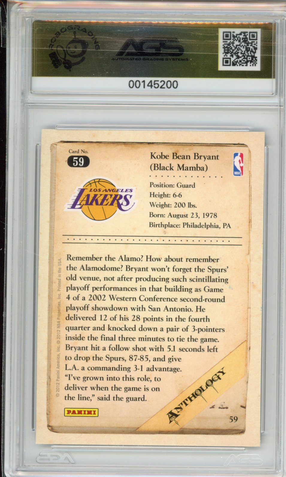 Basketball 2012-13 Panini Kobe Anthology KOBE BRYANT #059 AGS 9.5