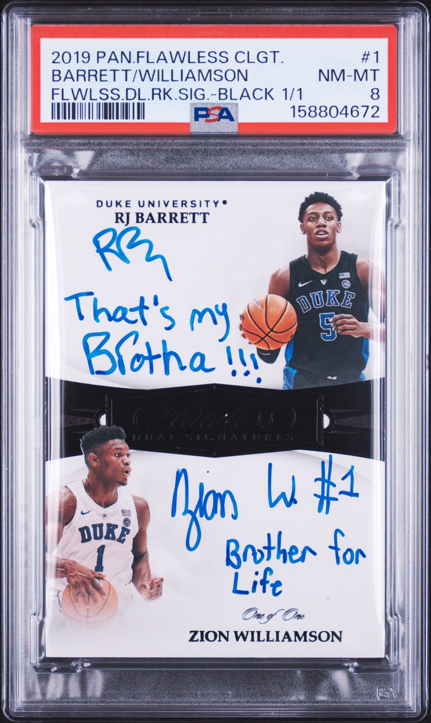 2019 unknown Panini Flawless Collegiate Flawless Dual Rookie Signatures RJ Barrett/Zion Williamson Black 1/1 1 English PSA 8