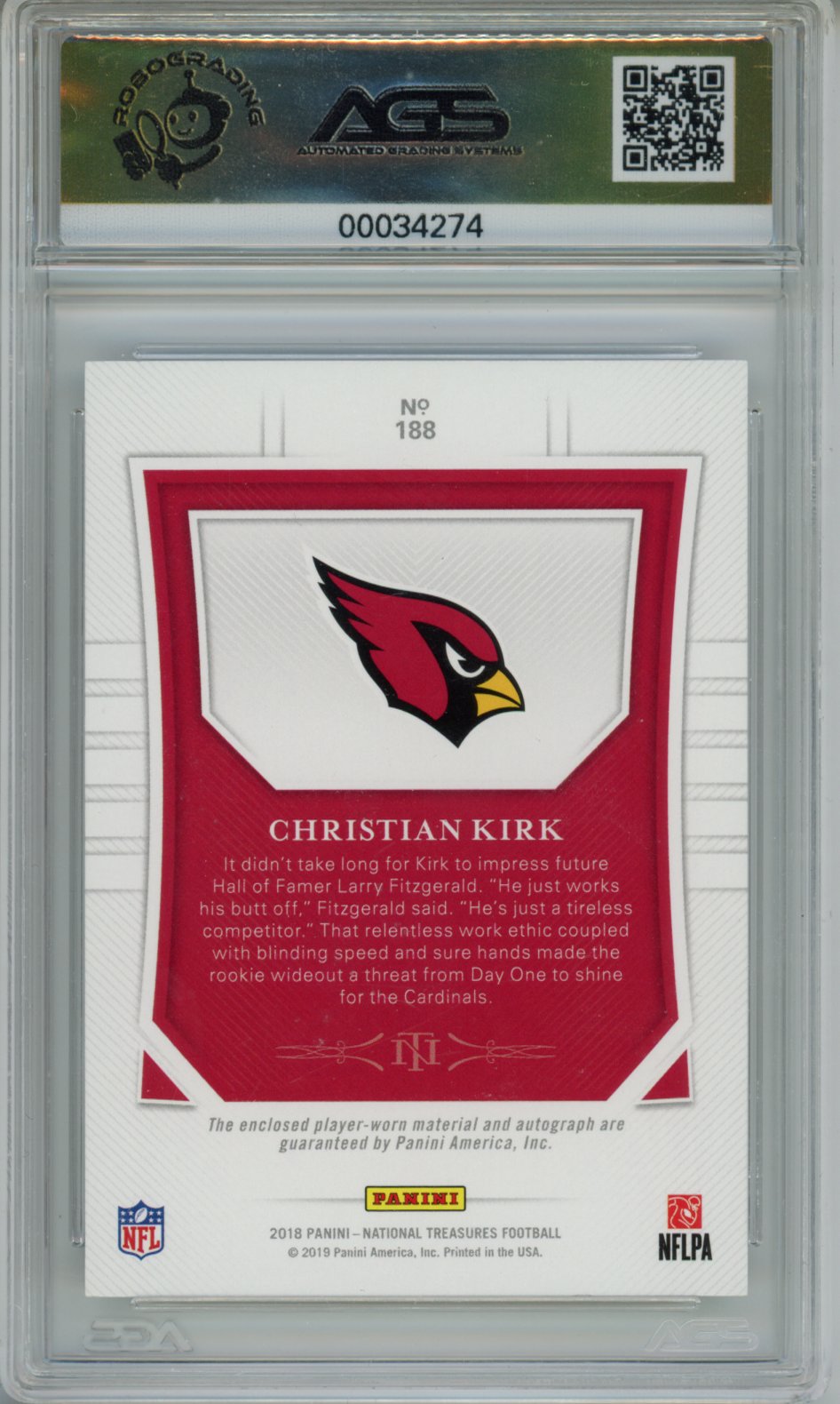 2019 National Treasures Christian Kirk RPA Platinum NFL Shield auto 1/1 AGS 9.5