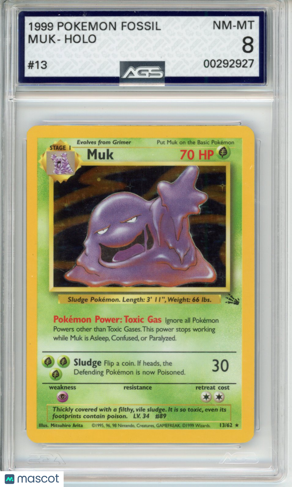 1999 Pokemon Fossil Muk #013 Unlimited AGS 8