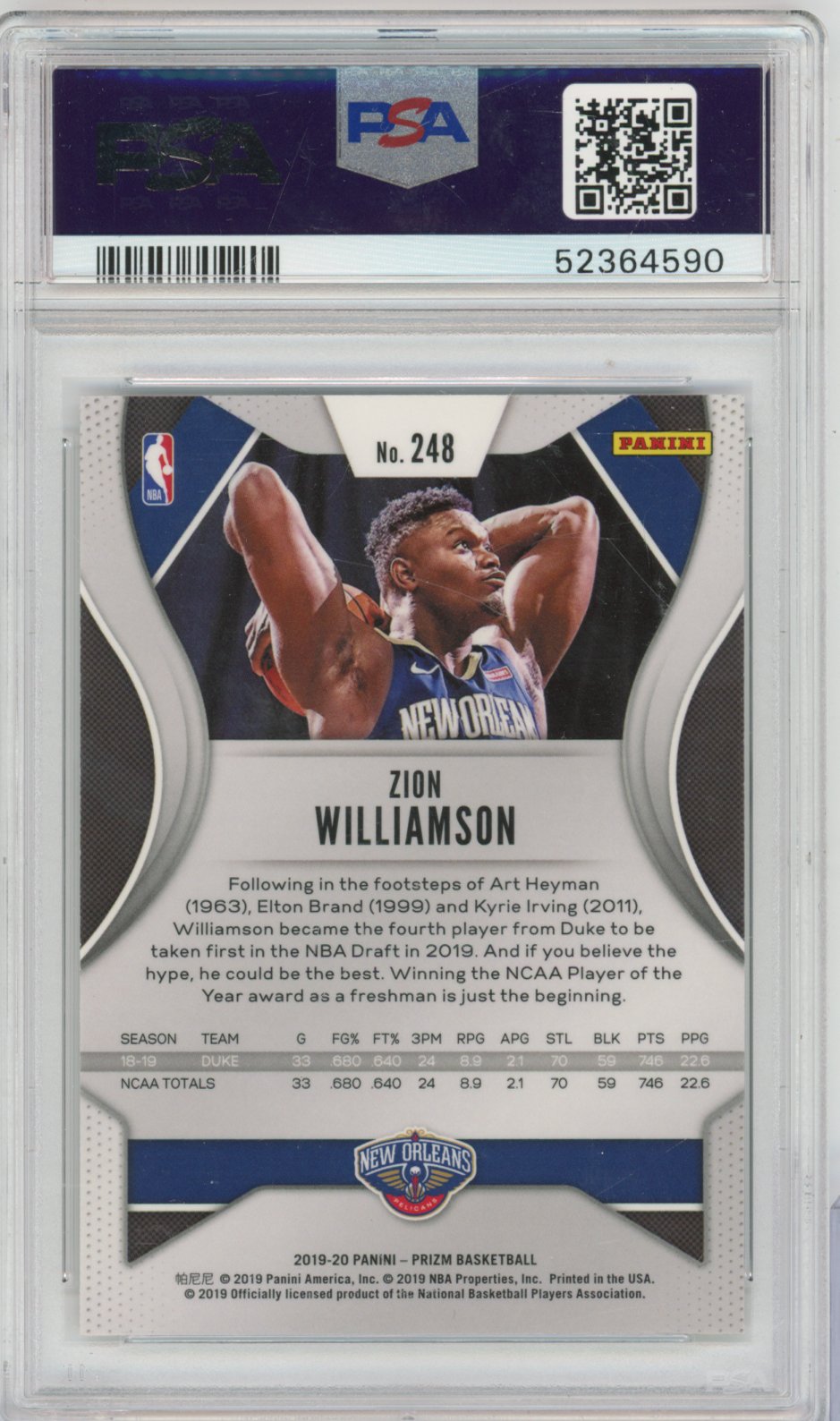 2019 Panini Prizm Basketball Zion Williamson #248 Zion Williamson Prizm English PSA 10