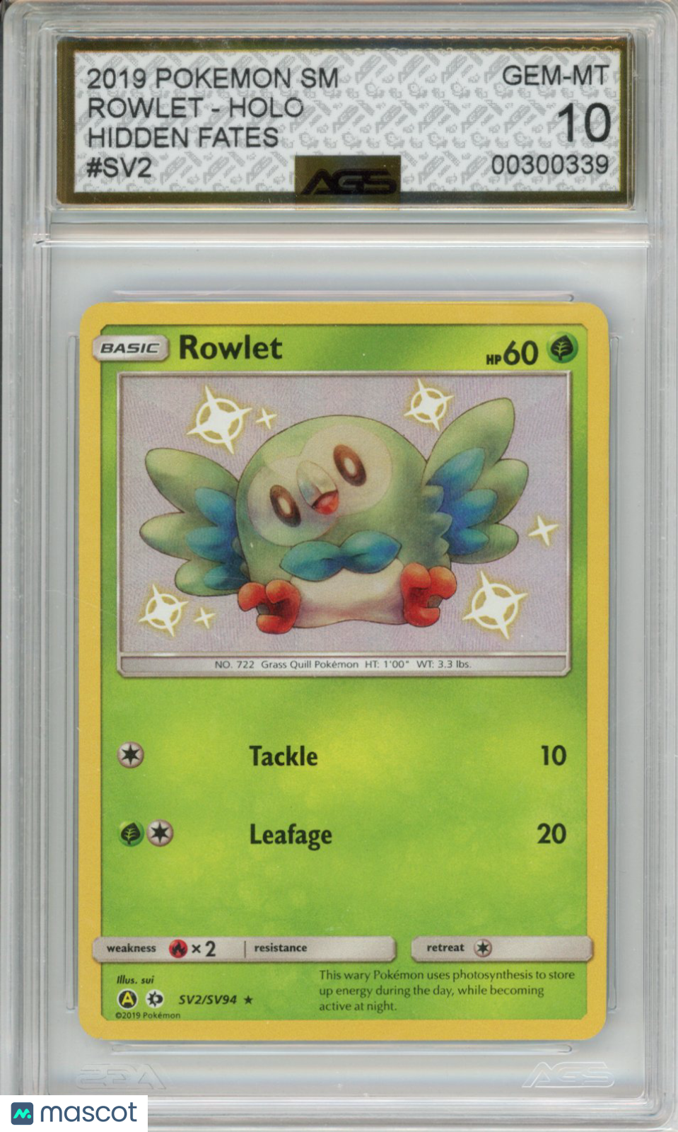2019 Pokemon Hidden Fates Rowlet #SV2 Unlimited AGS 10