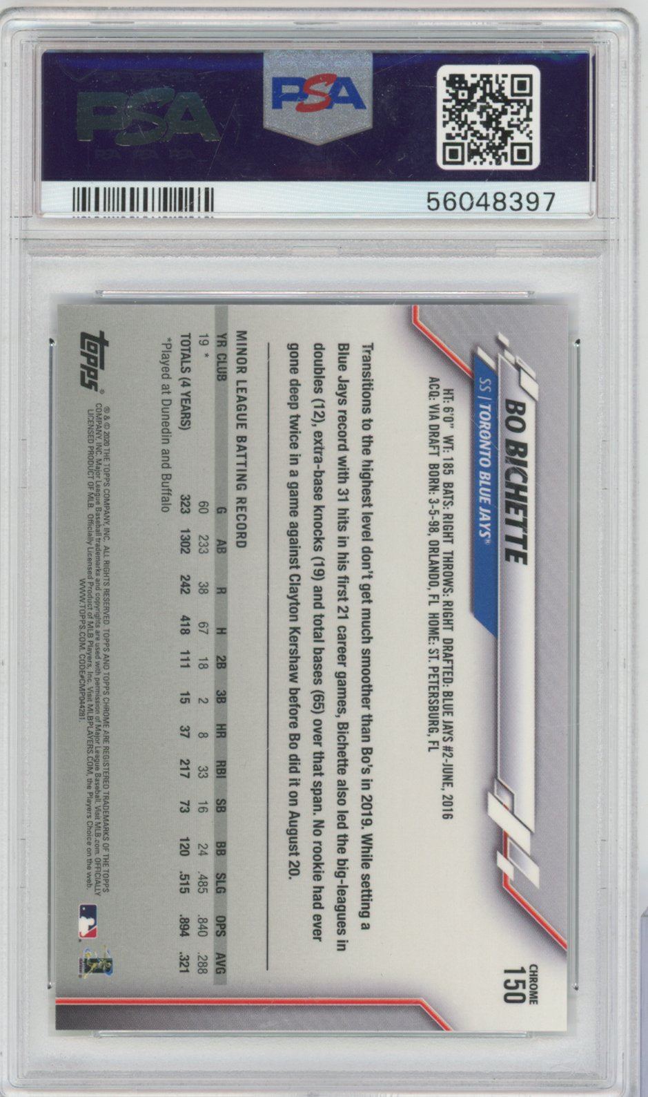 2020 Topps Chrome Ben Baller Baseball Bo Bichette #150 Bo Bichette Chrome Ben Baller English PSA 10