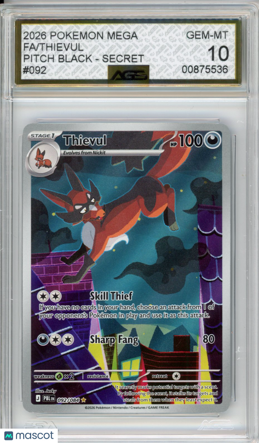 2026 Pokemon PITCH BLACK THIEVUL #092 AGS 10