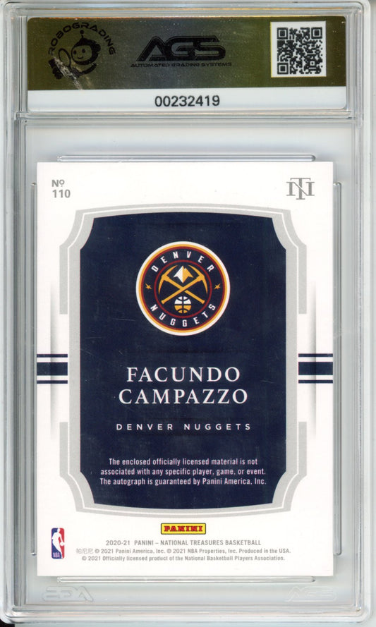 2020 Panini National Treasures Facundo Campazzo #110 Rookie Patch Auto AGS 10