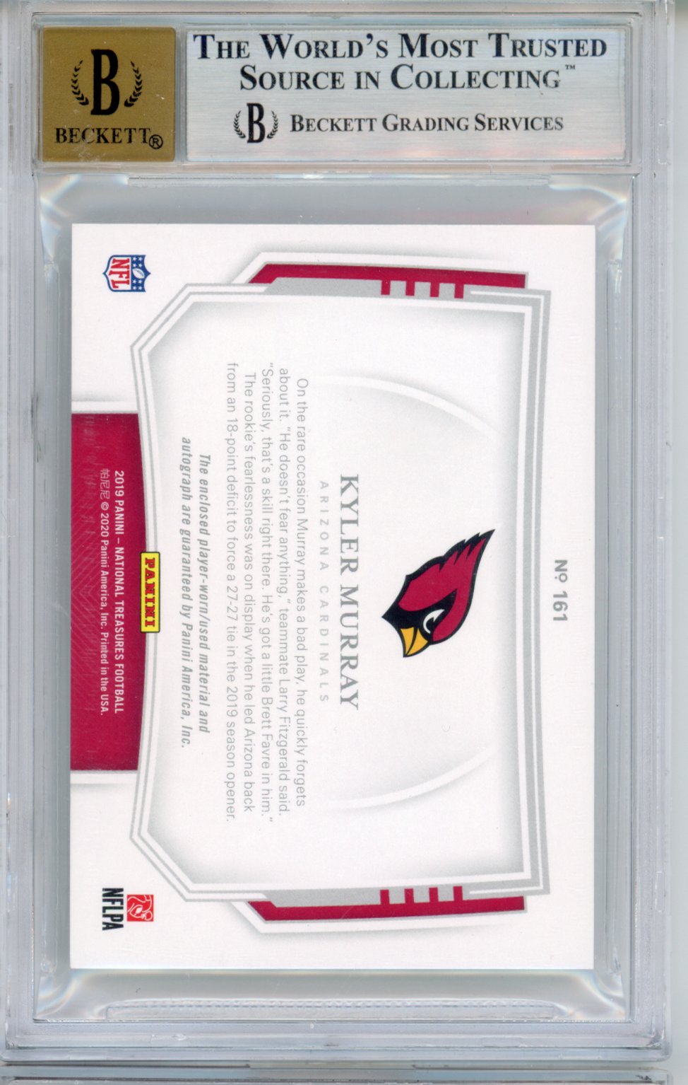 2019 National Treasures Kyler Murray #161 Gold Rookie Patch Auto RPA RC /10 BGS 9