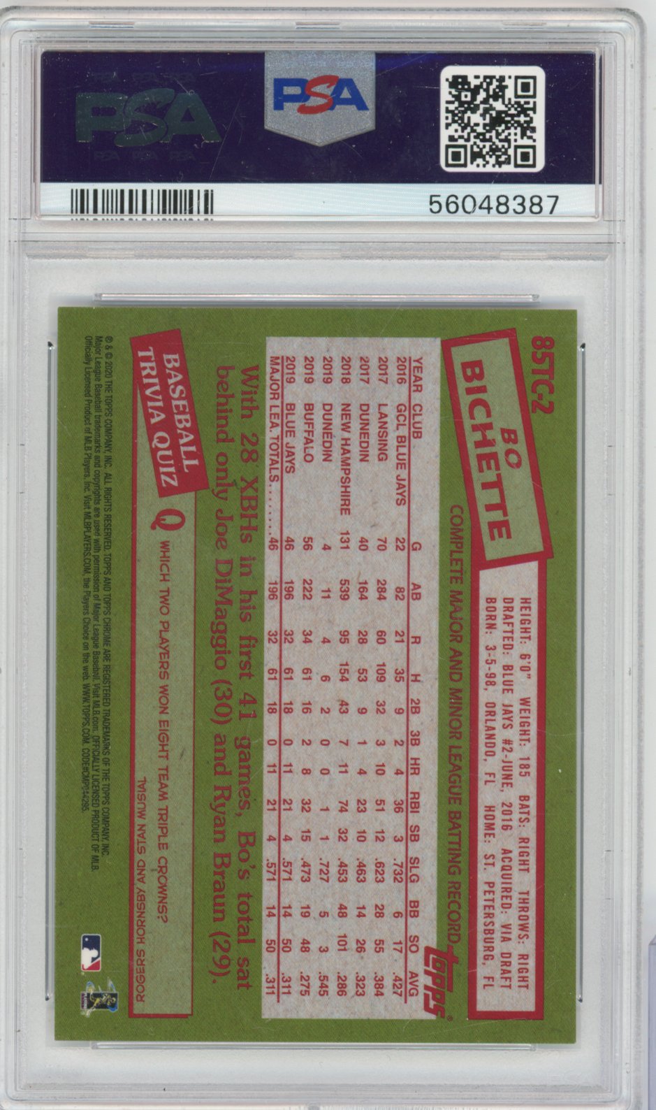 2020 Topps Chrome Baseball Bo Bichette #85TC-2 English PSA 10