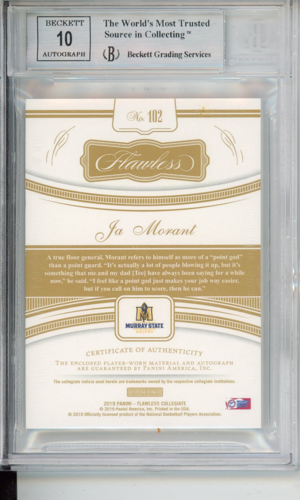 2019 Panini Flawless Collegiate RPA Gold Ja Morant #102 BGS 9 Auto 10
