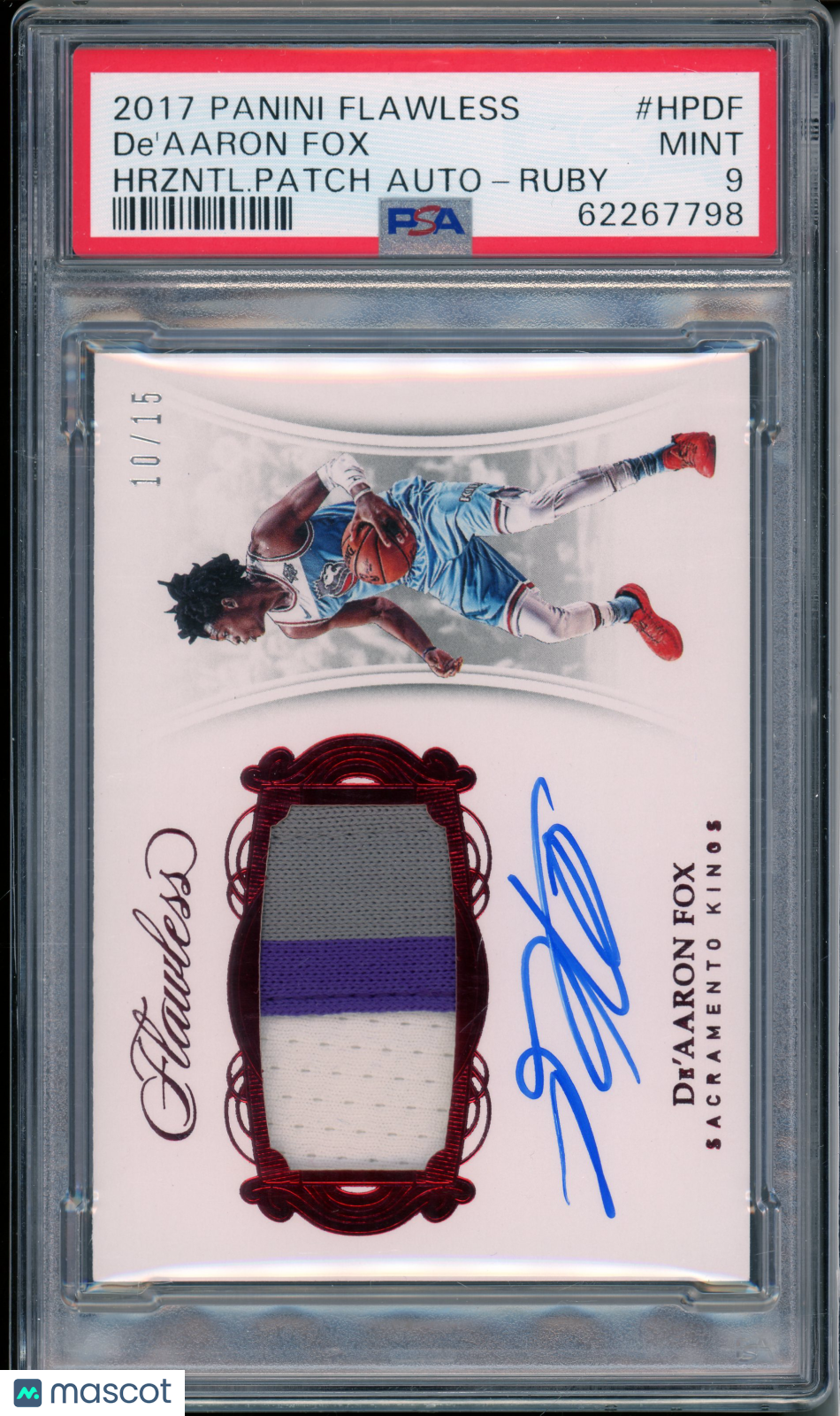 2017 Panini Flawless De'aaron Fox #HPDF Horizontal Patch Autographs Ruby /15 PSA 9