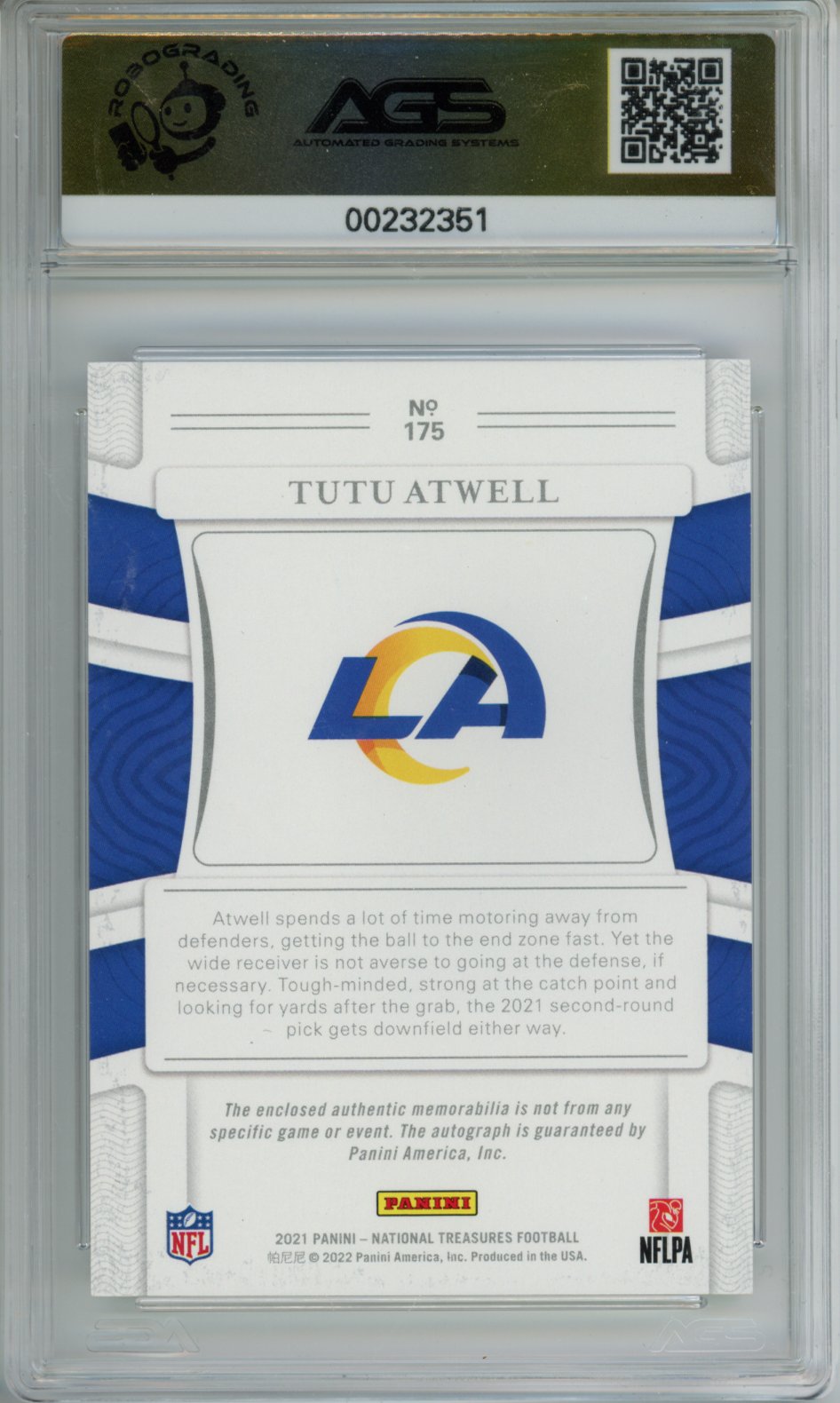 2022 Football 2021 Panini National Treasures Tutu Atwell #175 /99 AGS 10