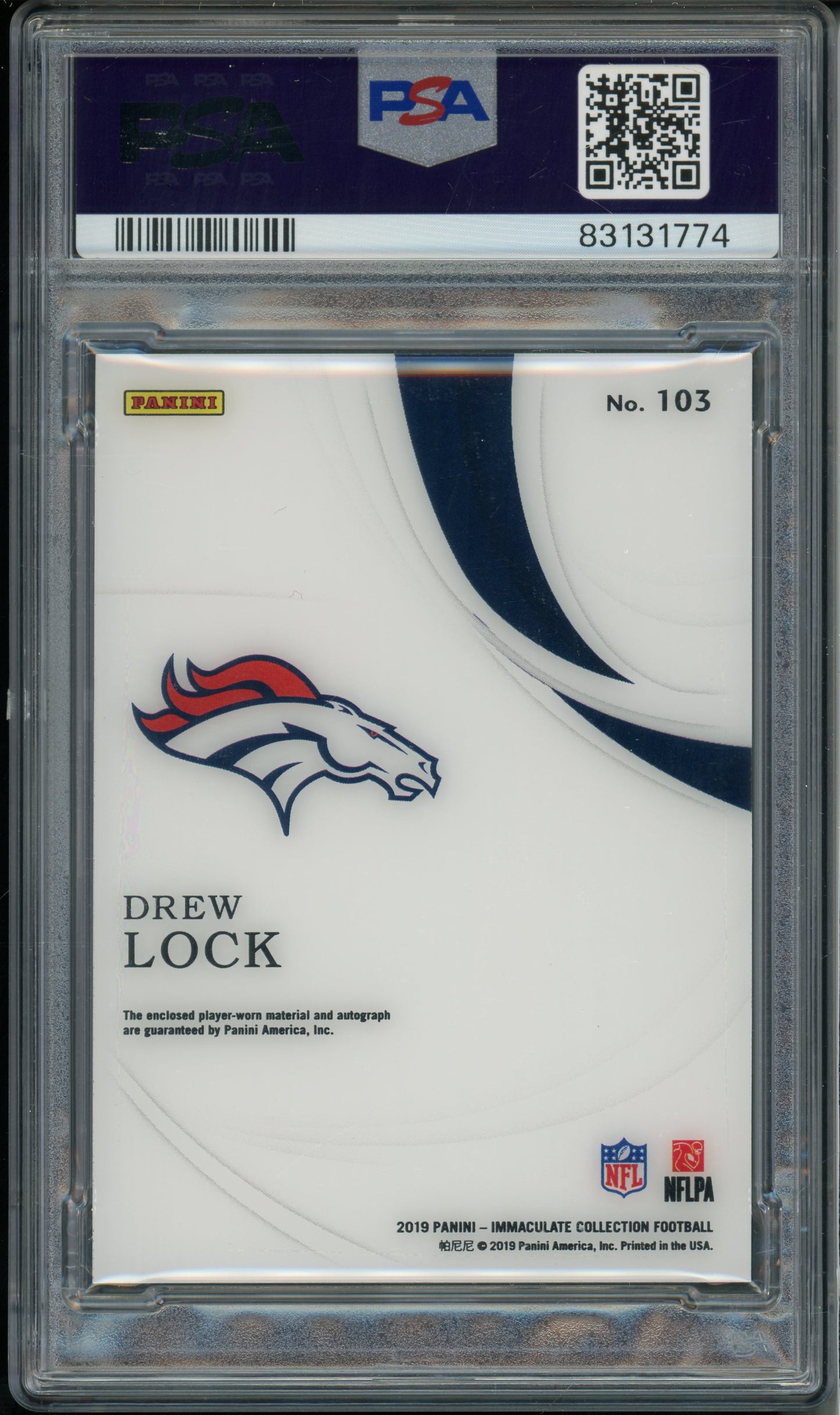 2019 Immaculate Collection Drew Lock Rookie Patch Auto NFL Shield PSA 8 RPA RC