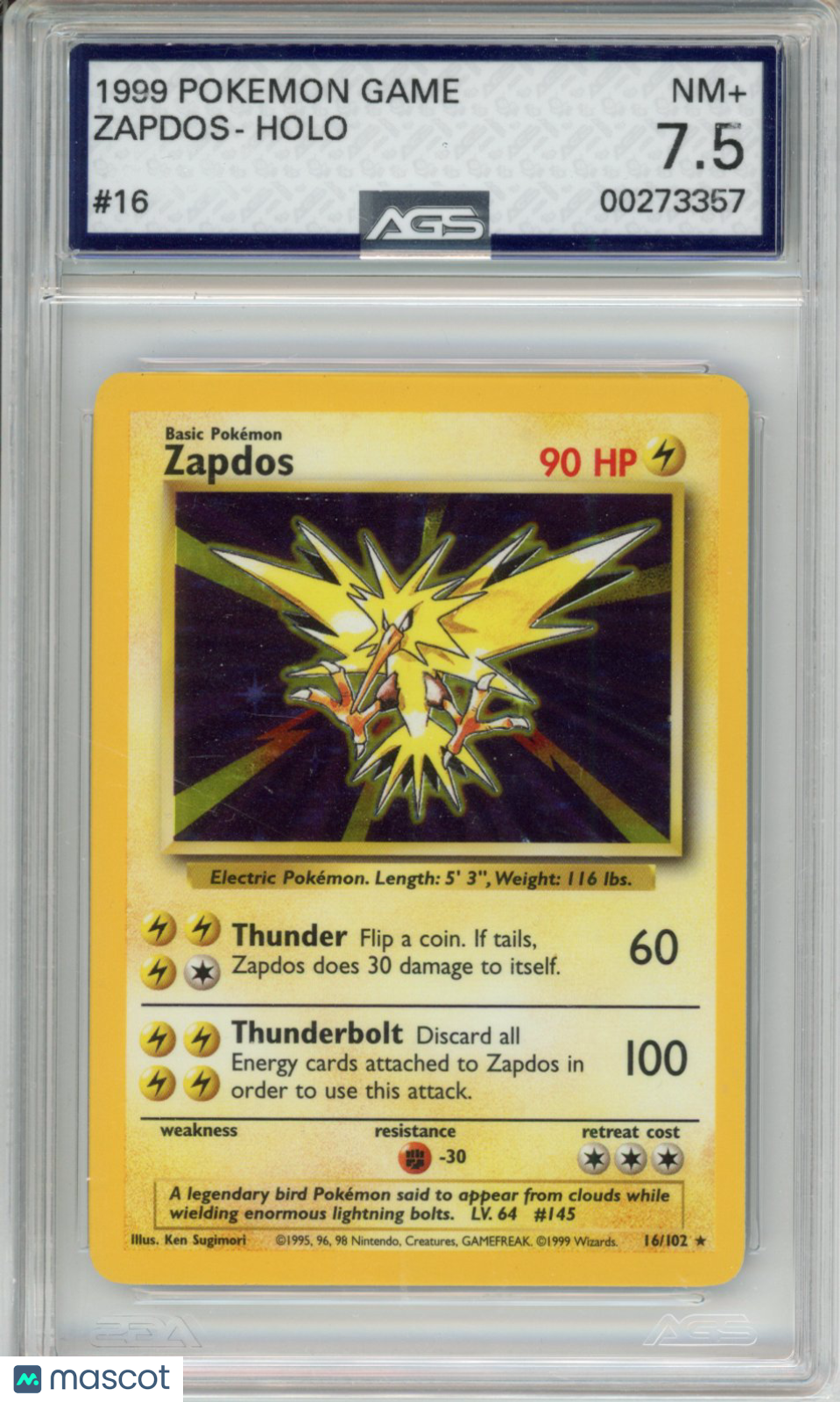 1999 Pokemon Base Set Zapdos #016 Unlimited AGS 7.5