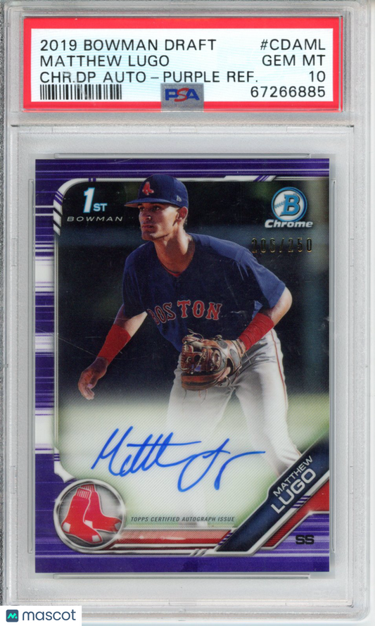 2019 Bowman Draft Picks Auto Matthew Lugo #CDAML CHR. DP Purple Refractor PSA 10