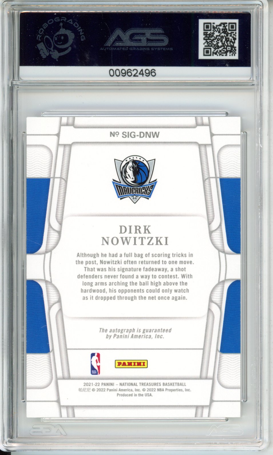 Panini 2021-22 National Treasures DIRK NOWITZKI #SIG-DNW SIGNATURES - GOLD English AGS 9