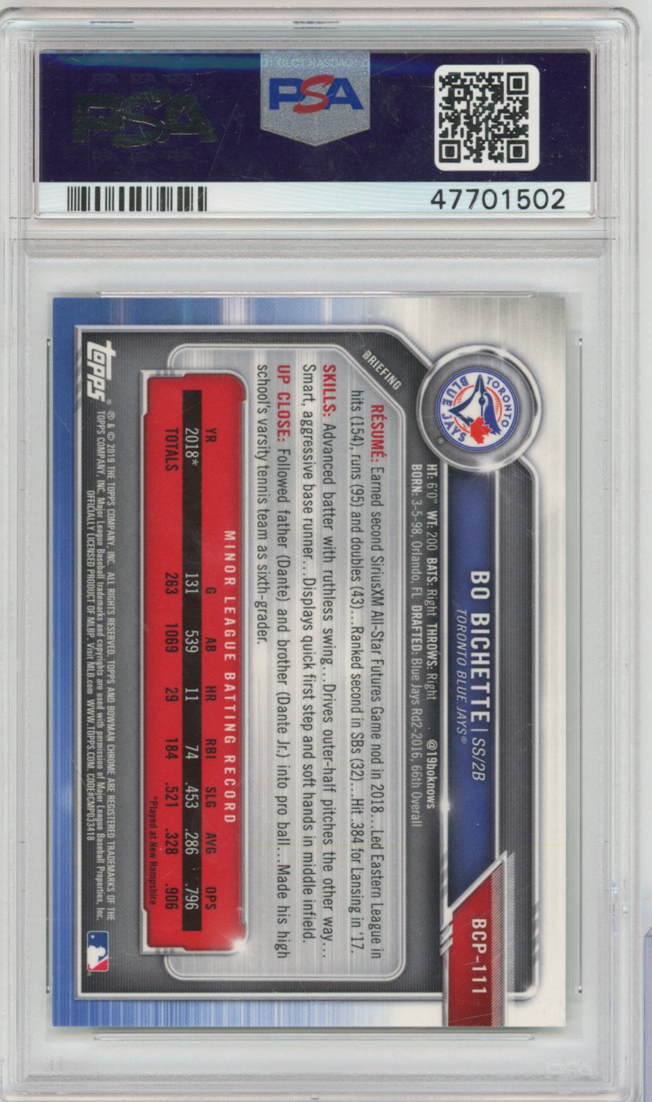2019 Bowman Mega Box Chrome Bo Bichette Green Refractor 111 English PSA 10