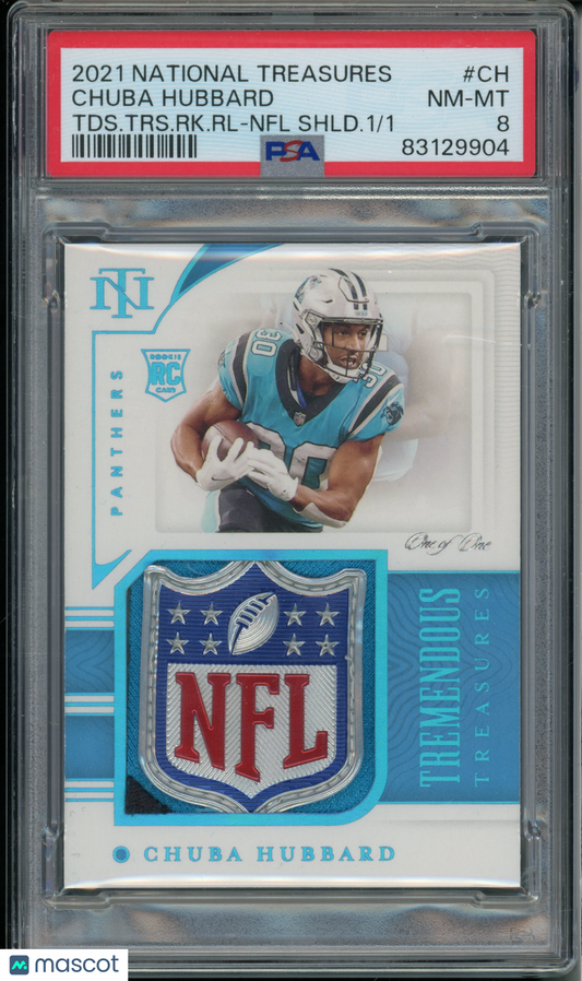 2021 National Treasures Chuba Hubbard #CH Rookies Relics NFL Shield  PSA 8 RPA