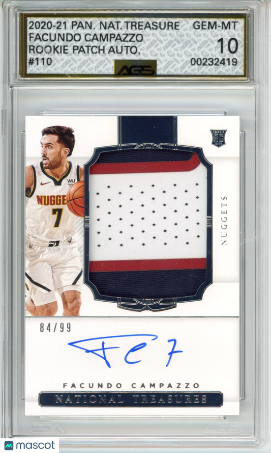 2020-21 Panini National Treasures Facundo Campazzo #110 Rookie Patch Auto AGS 10