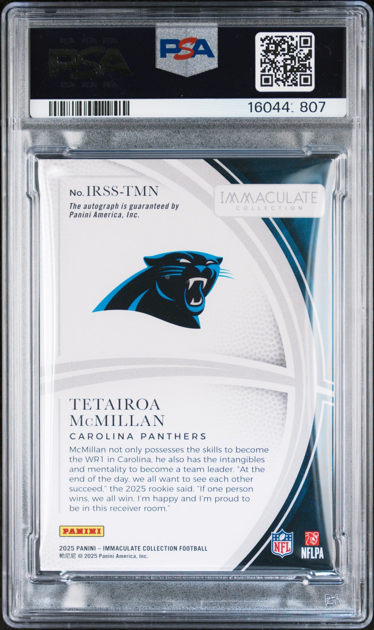 2025 Panini Panini Panini Panini Immaculate Collection Immaculate Rookie Shadowbox Signatures Tetairoa Mcmillan IRSS-TMN Immaculate Collection Immaculate Shadowbox Signatures Tetairoa Mcmillan IRSS-TMN English PSA 8