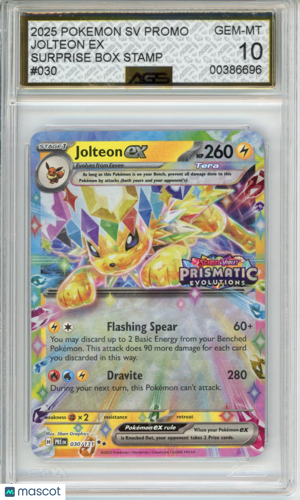 2025 Pokemon Prismatic Evolutions JOLTEON EX #030 PRISMATIC STAMP AGS 9.5