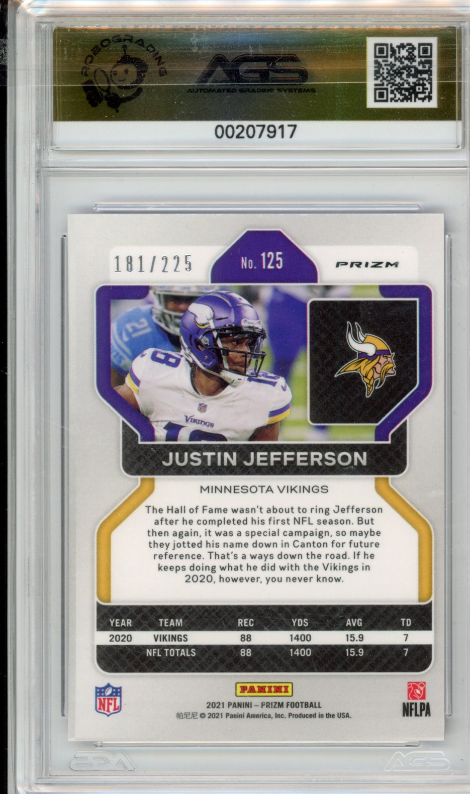 Panini 2021 Prizm Justin Jefferson #125 Purple Ice AGS 9.5