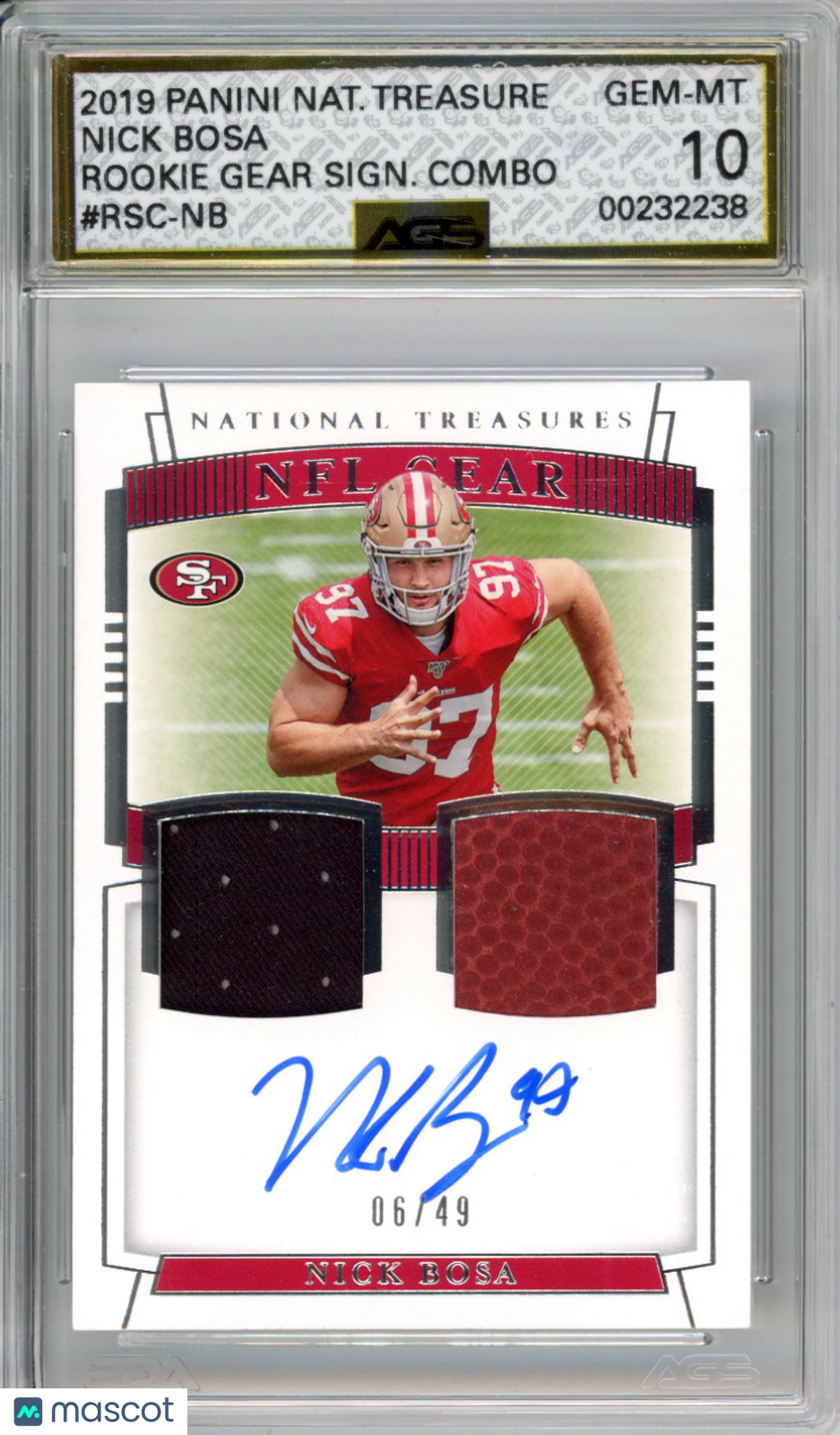2020 National Treasures Nick Bosa Rookie Gear Sign Combo Auto RPA AGS 10 RC /49