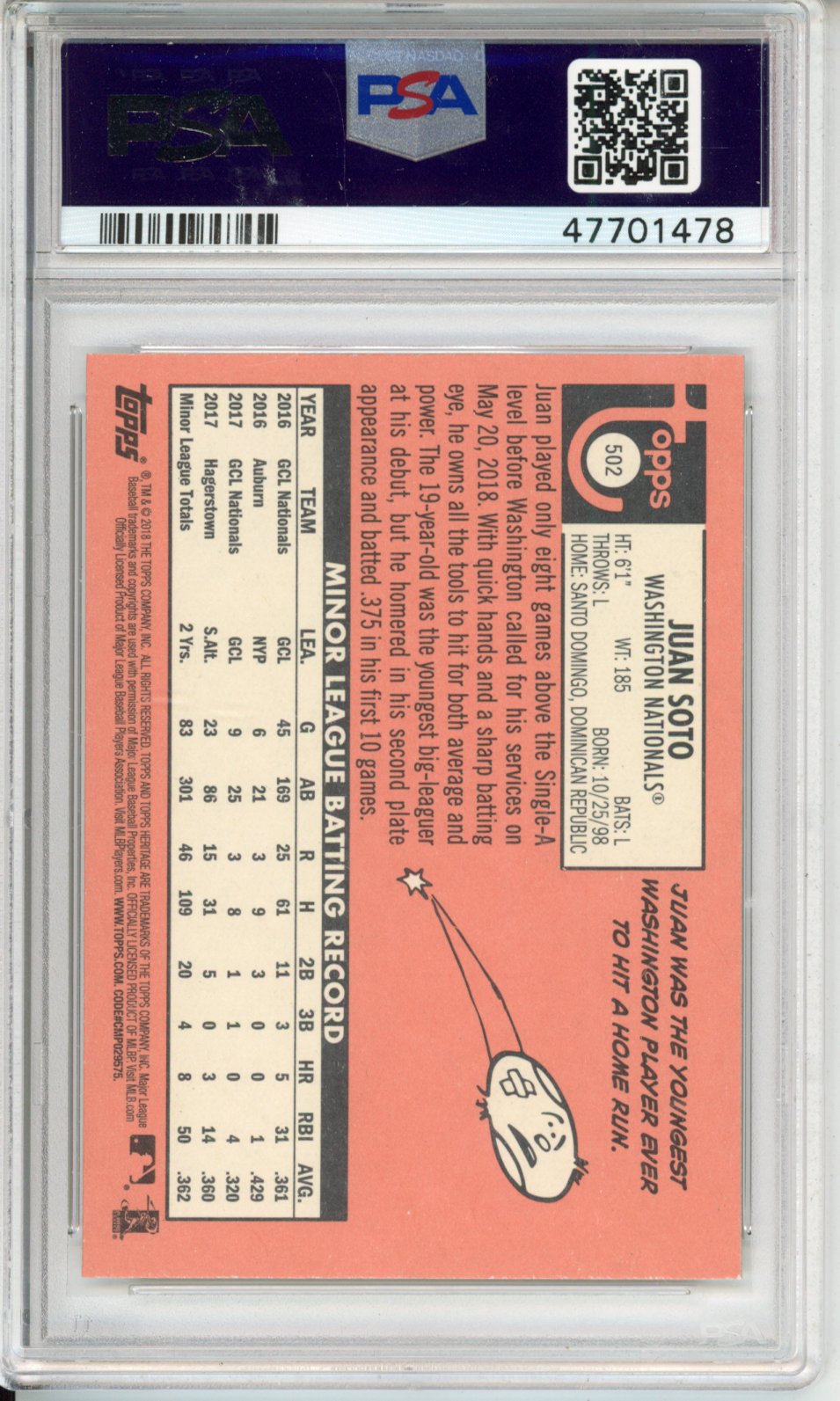 2018 Topps Heritage Juan Soto #502 PSA 10