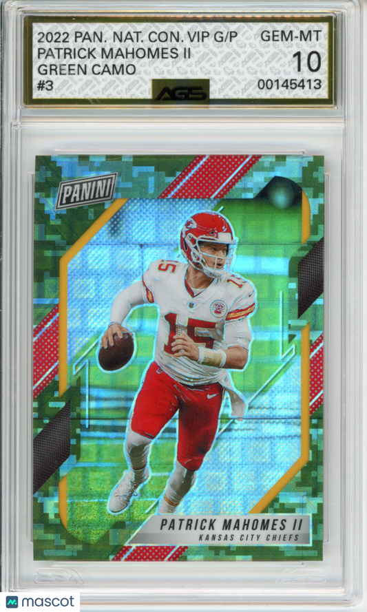 2022 Panini National Convention VIP Patrick Mahomes II #003 Green Camo AGS 10