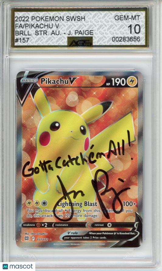 2022 Pokemon Brilliant Stars Pikachu V #157 AGS 10 Jason Paige Auto