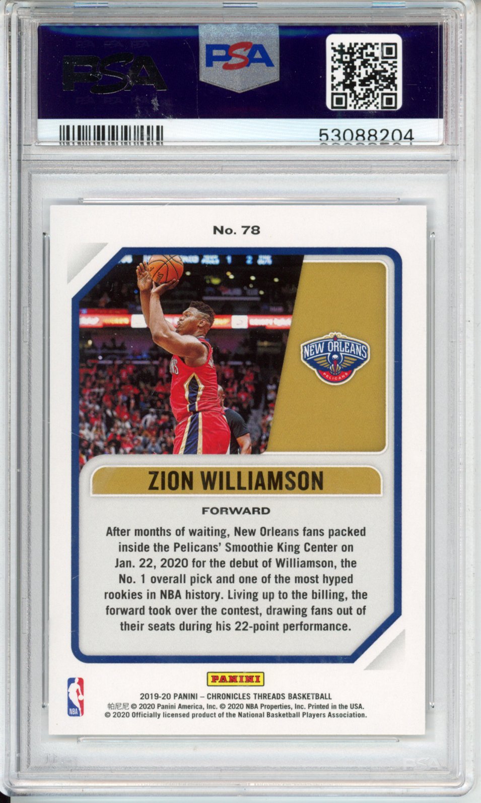 2019 Panini Chronicles Zion Williamson #78 PSA 8