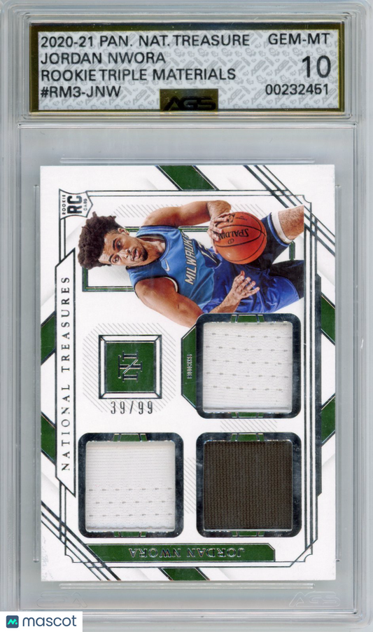 2020-21 National Treasures JORDAN NWORA #RM3-JNW ROOKIE TRIPLE MATERIALS AGS 10