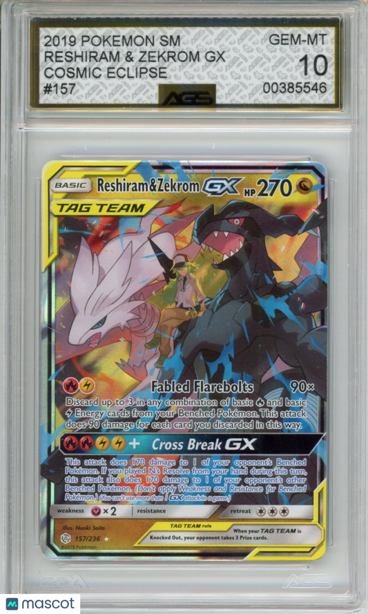 2019 Pokemon Cosmic Eclipse Reshiram & Zekrom GX #157 AGS 10