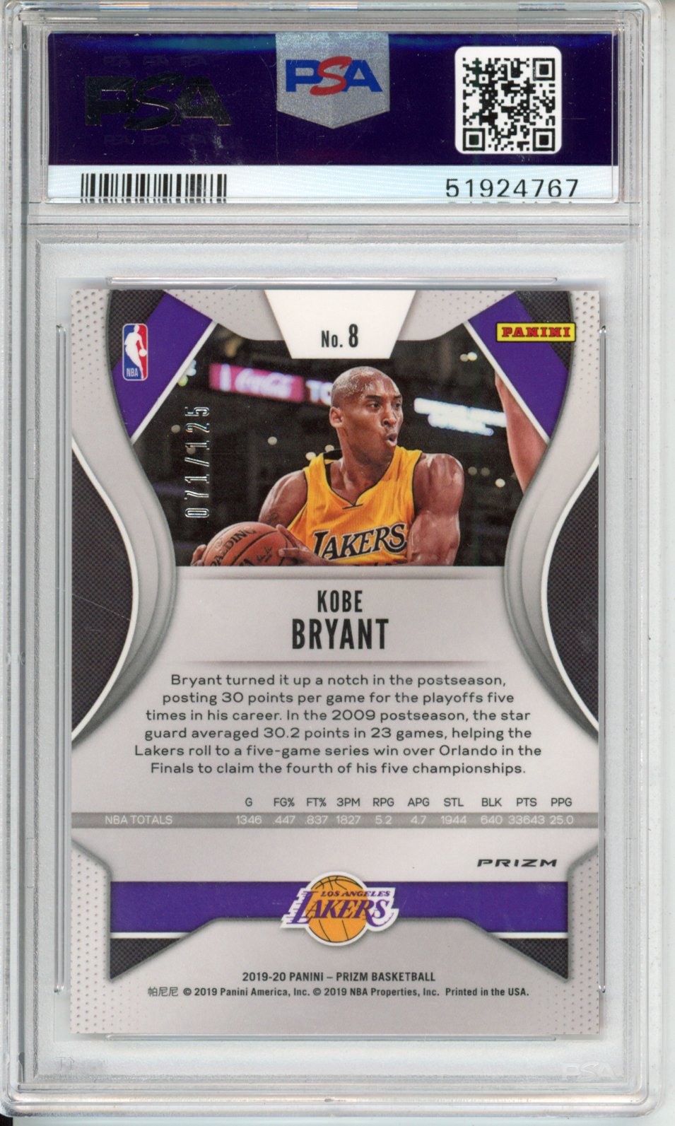 2019 Panini Prizm Kobe Bryant #8 Fast Break Red PSA 9