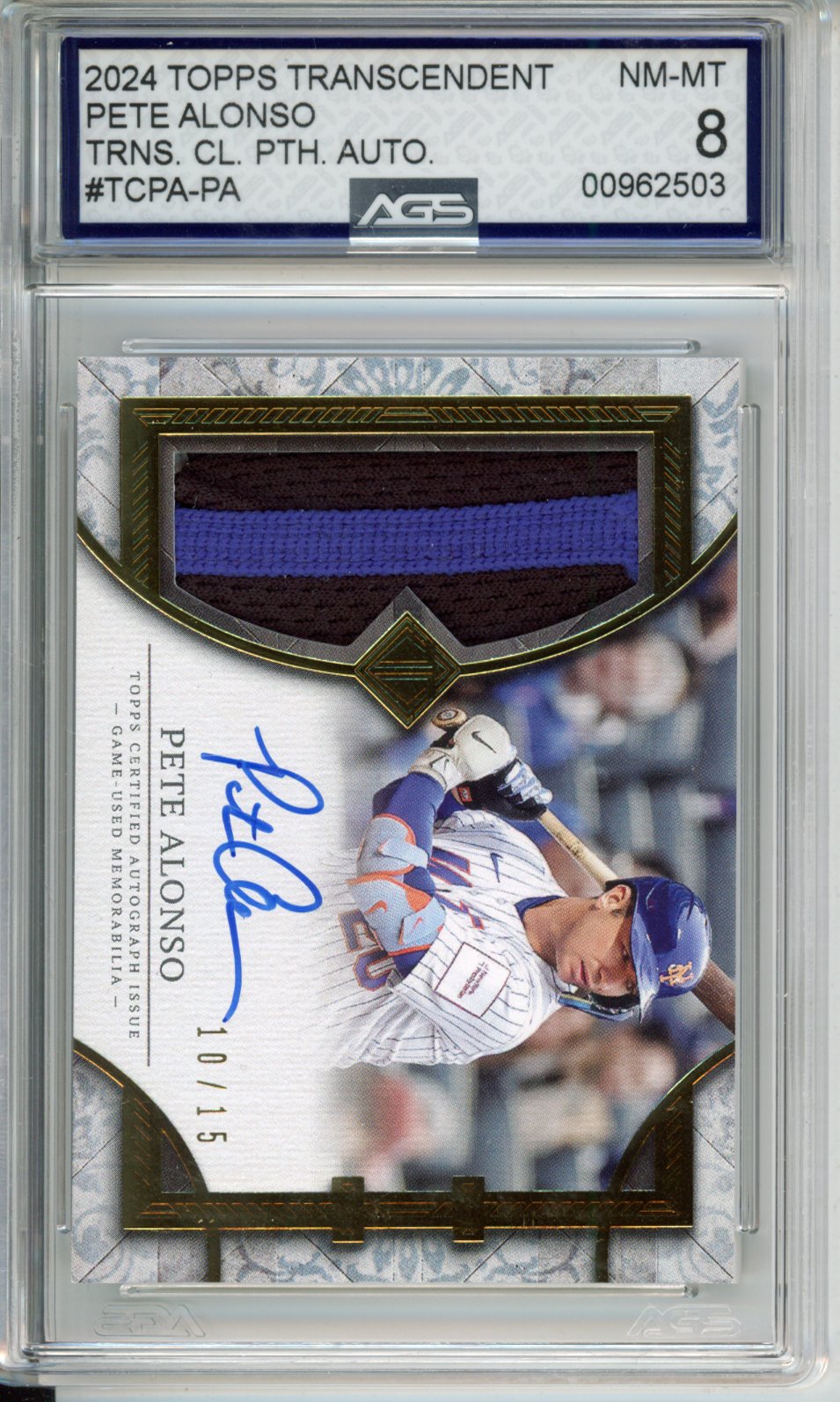 2024 Topps Transcendent Pete Alonso #TCPA-PA Collection Patch Autographs English AGS 8