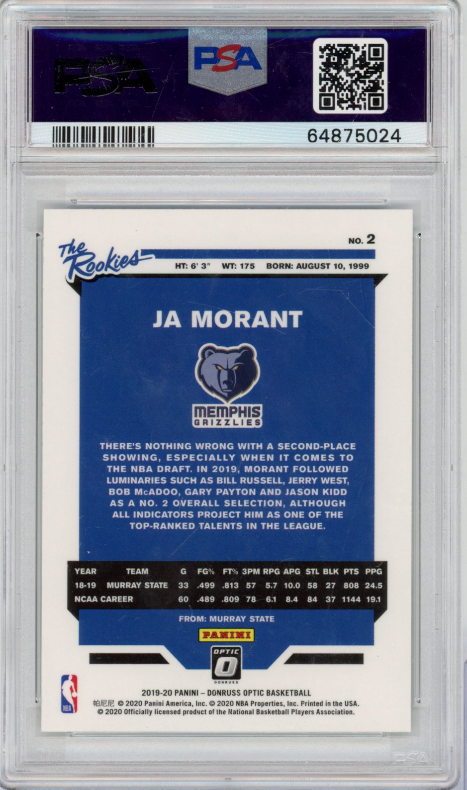 2019 Panini Panini Panini Basketball #2 Ja Morant Donruss Optic The Rookies English PSA 10