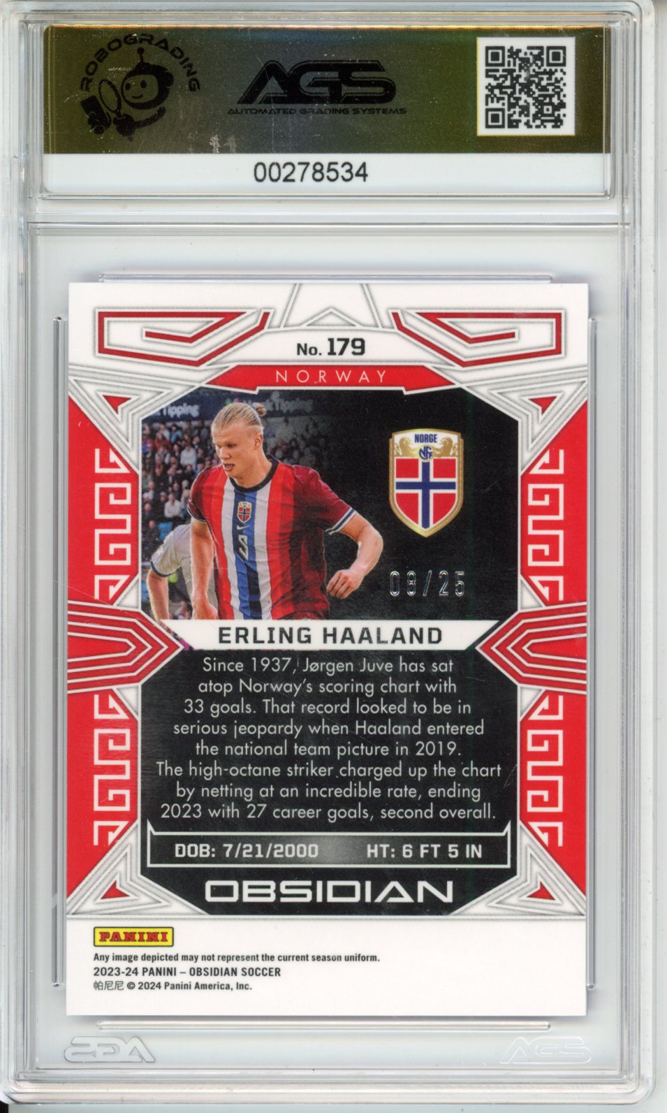 2023-24 Panini Obsidian Erling Haaland #179 Purple FlD ELECTRIC ETCH AGS 9.5
