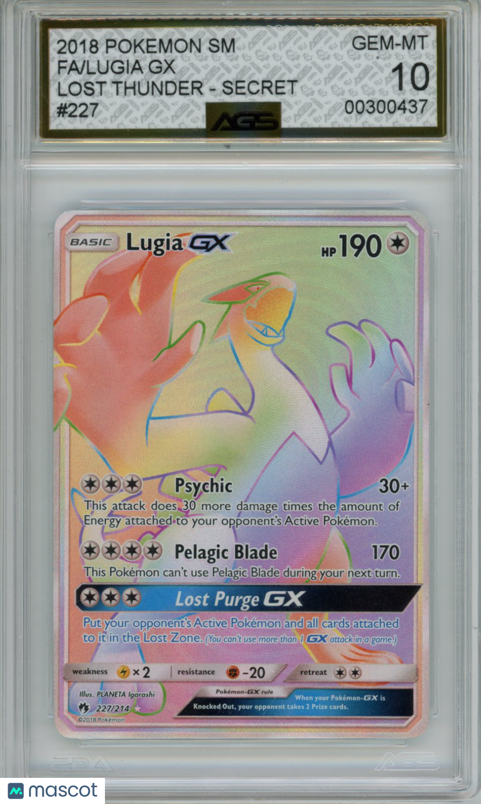 2018 Pokemon SM Lugia GX #227 Lost Thunder Secret AGS 10