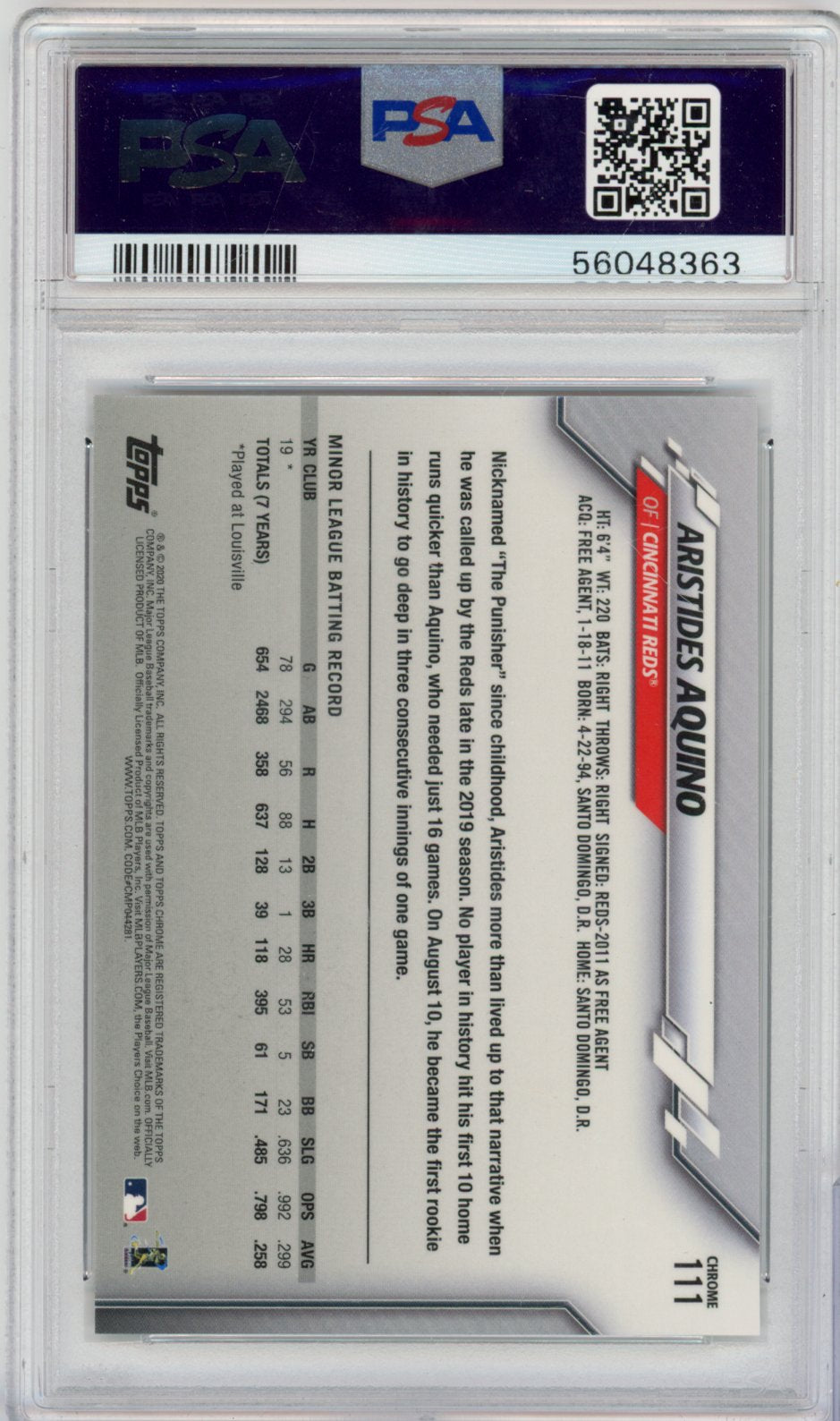 2020 Topps Chrome Ben Baller Baseball Aristides Aquino #111 English PSA 10